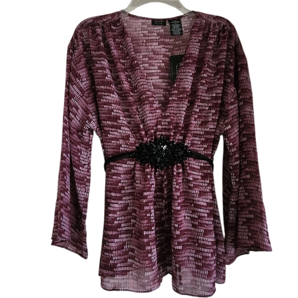 Chic Purple Patterned Blouse with Black Accent Sz 16 Nwt